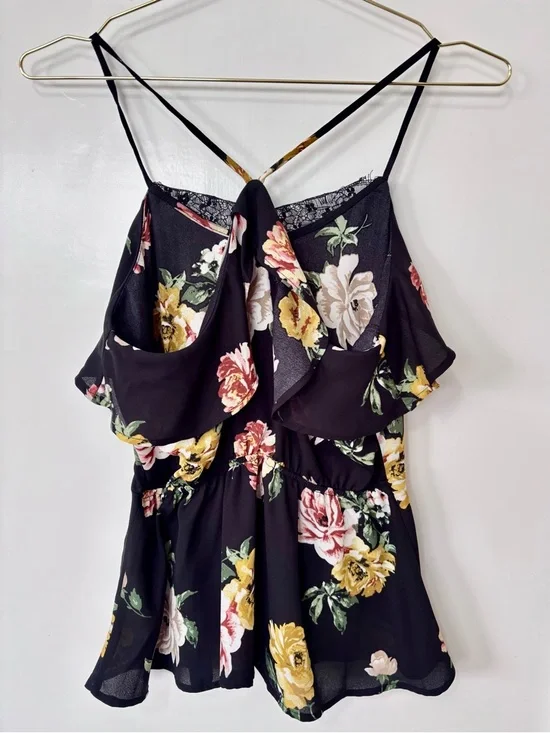 Monteau| Feminine Black & Pink Floral Lace-Trim Peplum Cami Blouse Sz S - Picture 4 of 7